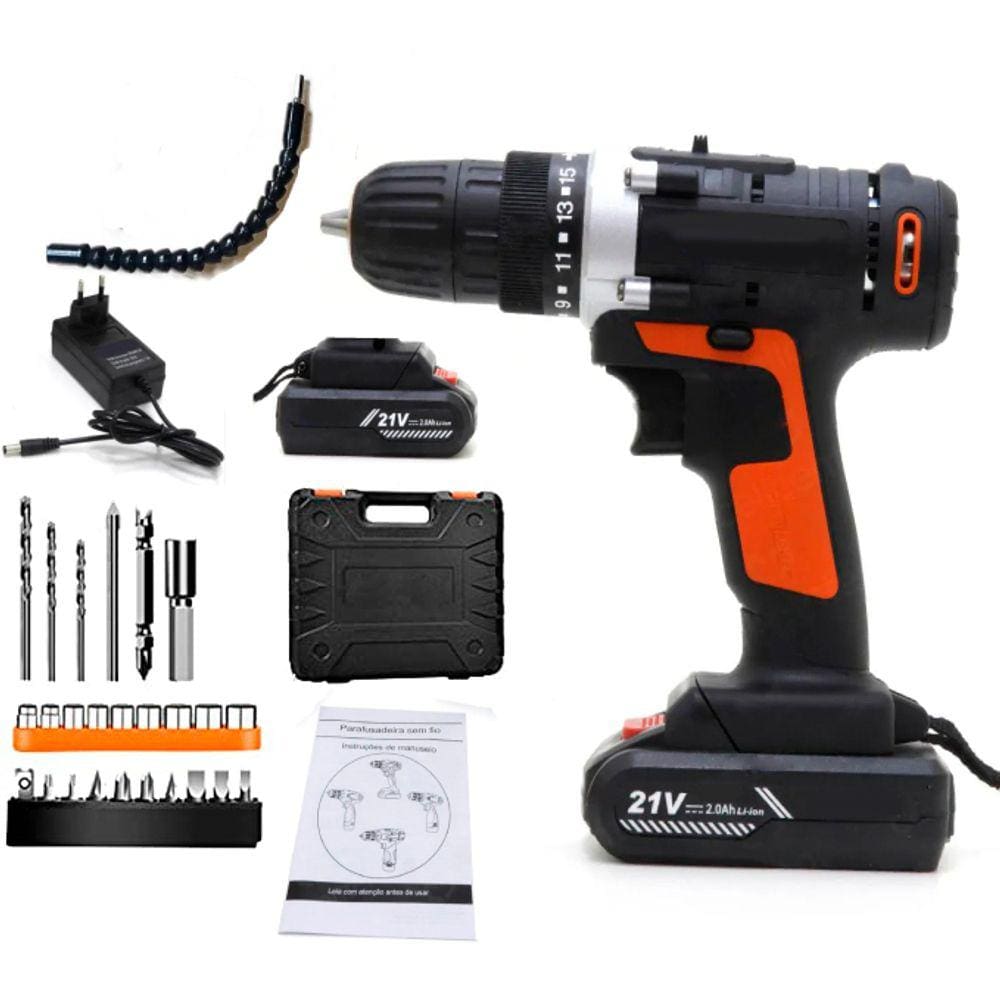 Kit Ferramentas Bits Brocas Soquetes Furadeira E Parafusadeira Bivolt Sem Fio Recarregavel + 2 Baterias 21v e Maleta