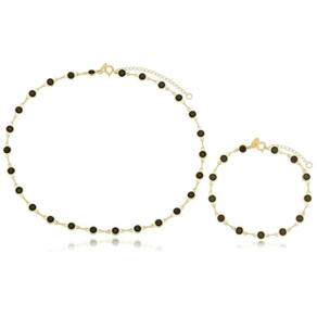 Choker E Pulseira Bolinha Preta E Dourada Banhada A Ouro 18K