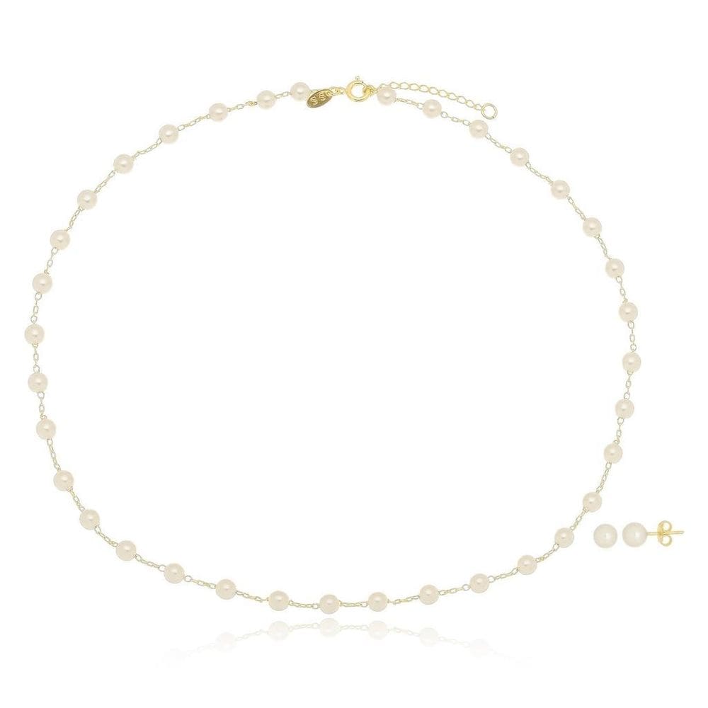 Choker E Brinco Pérola Coração Banhado A Ouro 18K