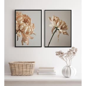 Kit 2 Quadros Decorativos Florais Bege E Cinza 33X24Cm