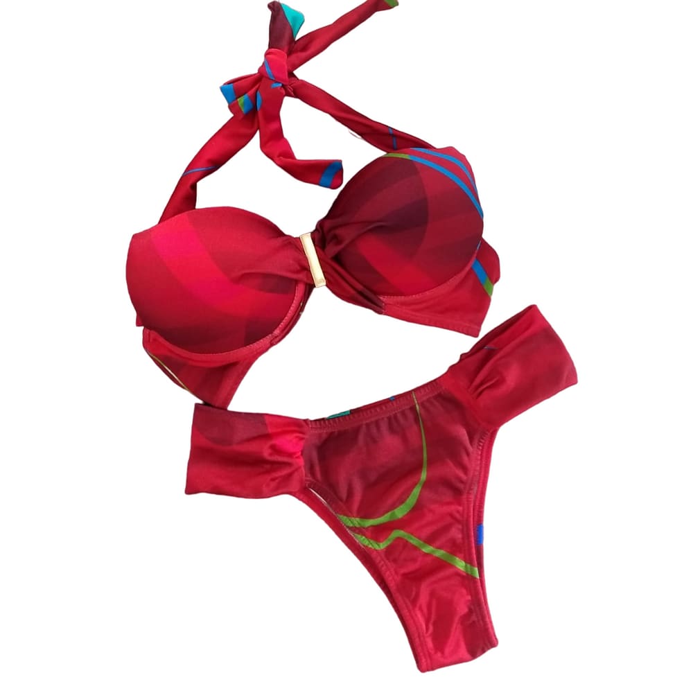 Conjunto Top Meia Taça Com Fivela Com Tanga Drapeada Estampada