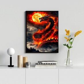 Quadro Decorativo Dragão Com Fogo 33X24Cm - Com Vidro