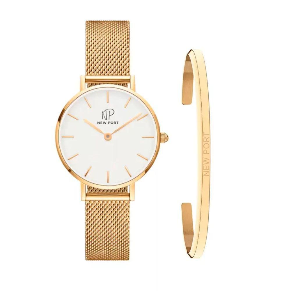Relógio Feminino Minimalista Dourado Ultrafino Elegante + Bracelete Casual New Port Banhado Ouro Kit