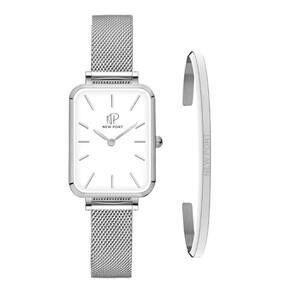 Relógio Quadrado Prata Feminino Elegante + Bracelete Casual New Port Kit