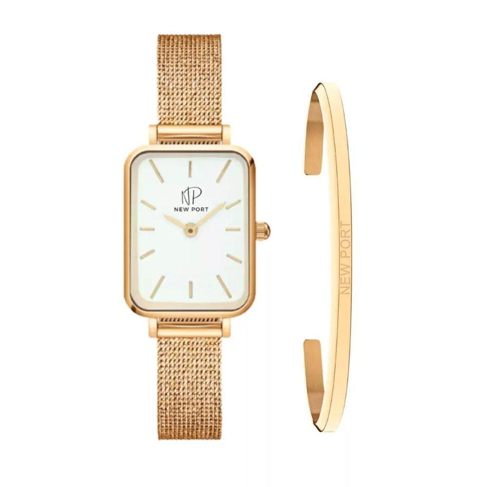 Relógio Quadrado Dourado Feminino Elegante + Bracelete New Port Banhado em Ouro Kit