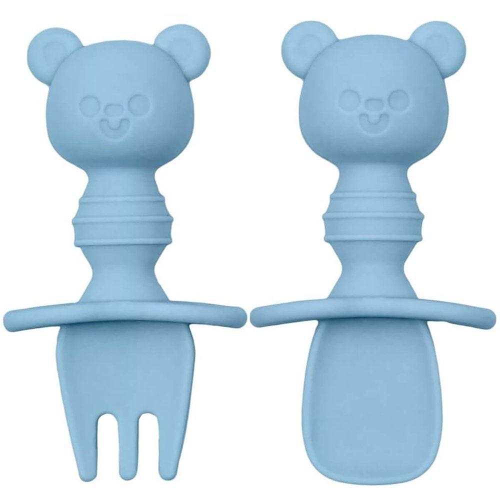 Kit Talher Treinamento Buba Silicone Azul com Escudo Ursinho +6m Garfo Colher