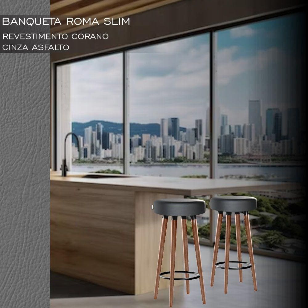 2 Bancos Banquetas Roma Slim Redonda Alta 70cm Asfalto