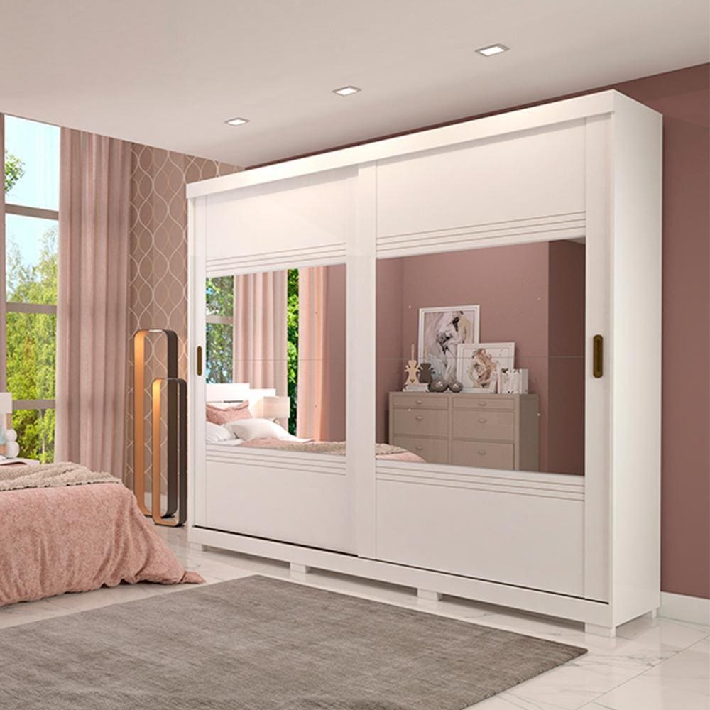Guarda Roupa Casal MDF 2 Portas de Correr 4 Espelhos 4 Gavetas Internas e Pés Blumenau Panan Móveis Branco