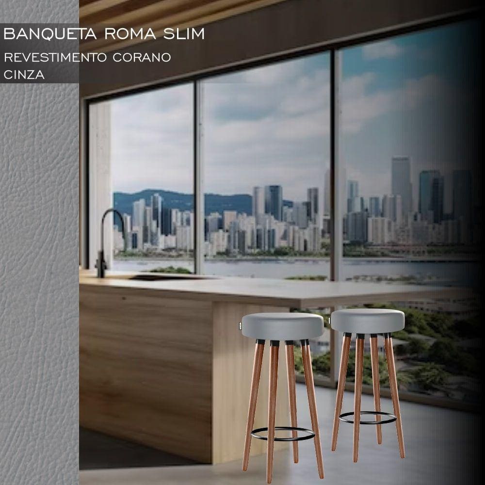 2 Bancos Banquetas Roma Slim Redonda Alta 70cm Cinza