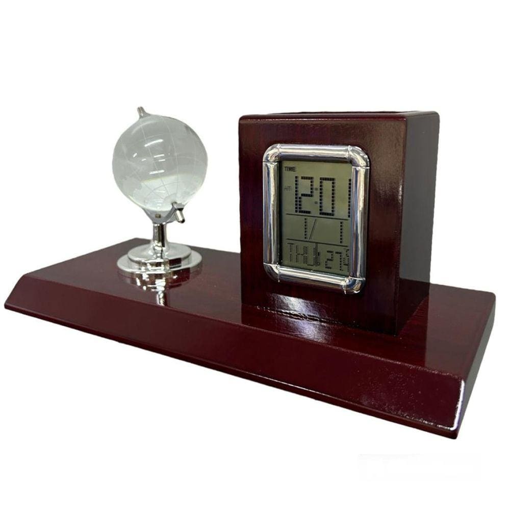 Relógio de Mesa Digital em Madeira com Globo de Cristal