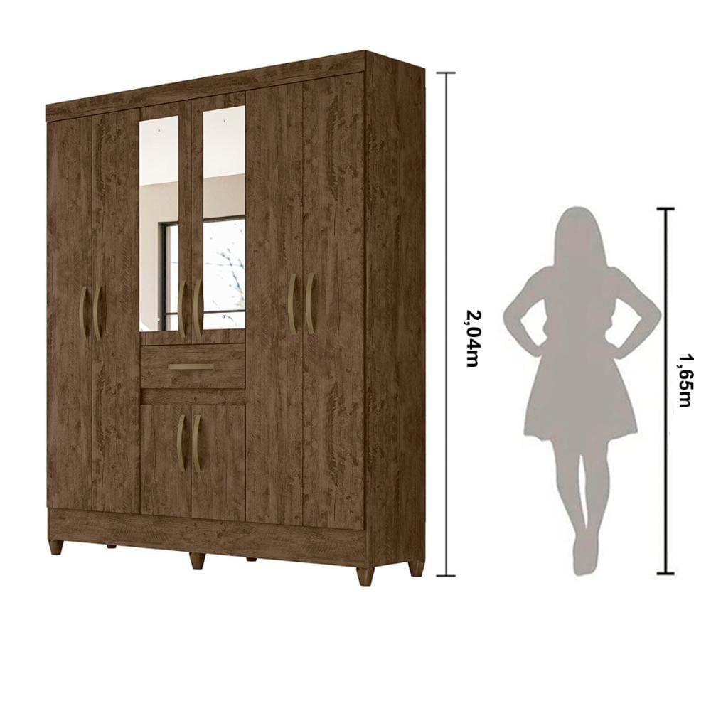 Guarda Roupa Casal 6 portas com espelho 1 gaveta Castanho Wood Portugal - Moval