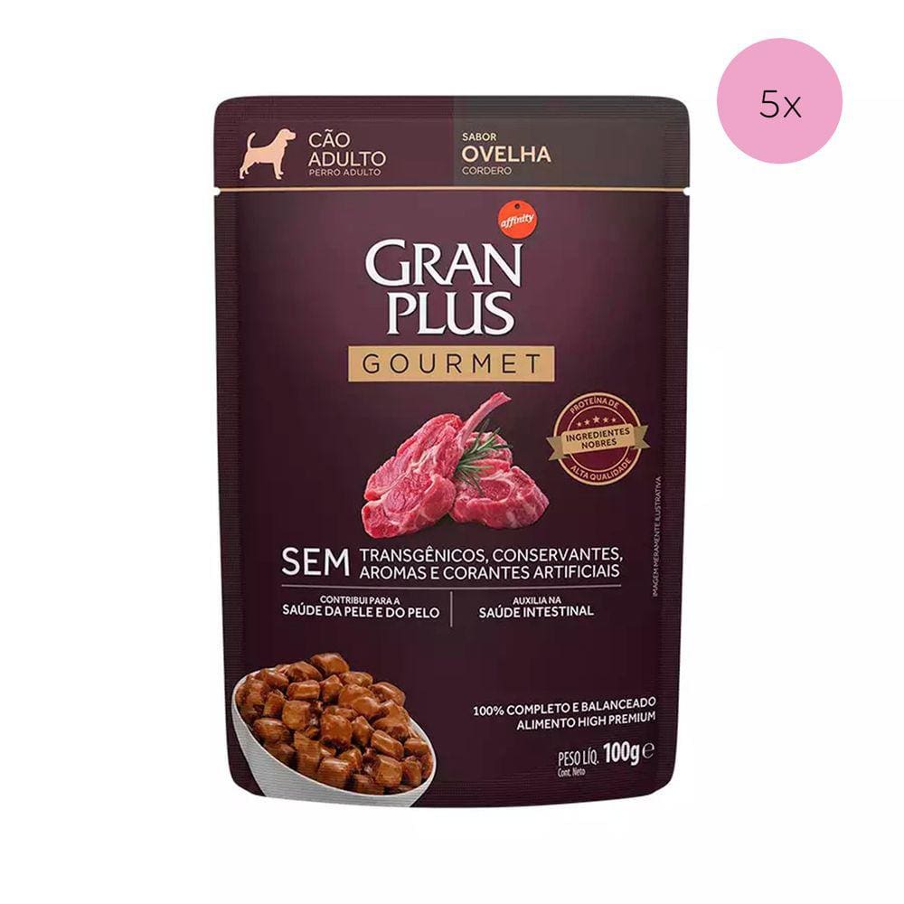 KIT 5 Ração Úmida Gran Plus Gourmet Cães Adultos Ovelha Sachê 100g