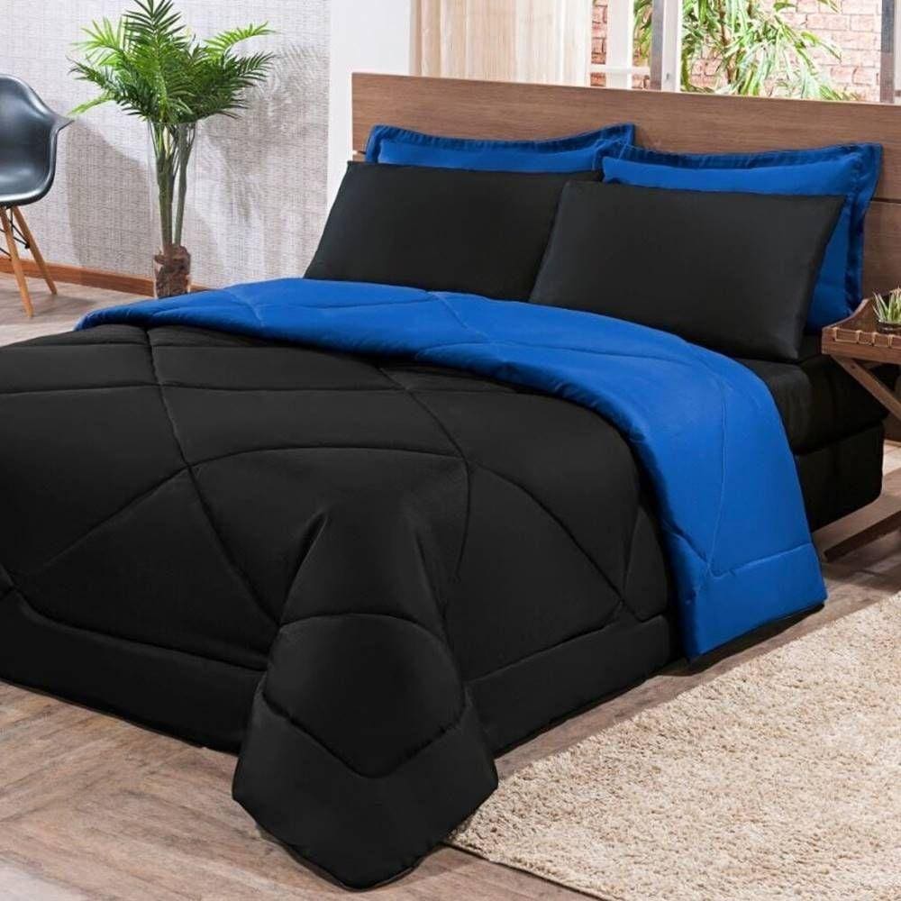 Kit Edredom + Jogo De Lençol Aconchego Look House Dupla Face Casal Queen 06 Peças - Preto- Azul