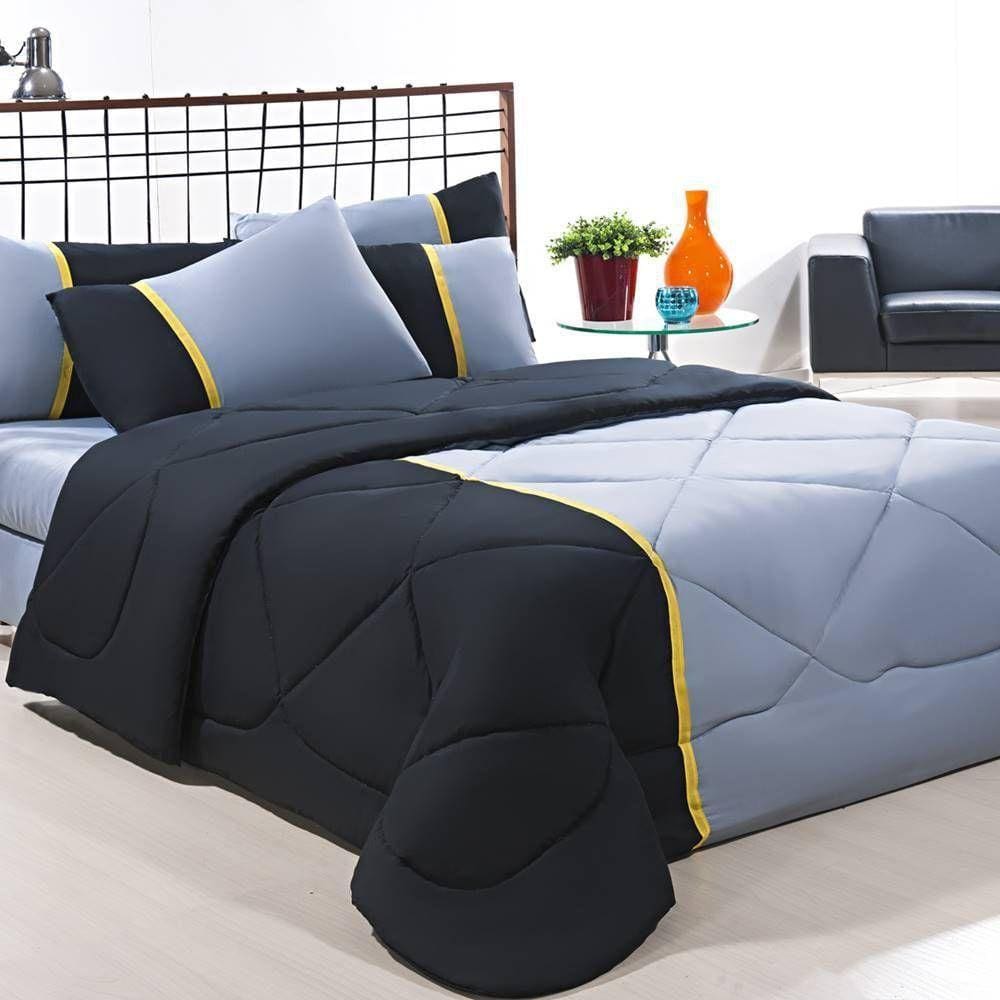 Enxoval Edredom + Jogo De Cama Queen Aconchego Premium 06 Peças - Preto- Cinza
