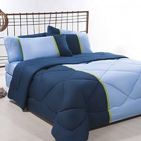 Enxoval Edredom + Jogo De Cama King Aconchego Premium 06 Peças - Azul- Marinho