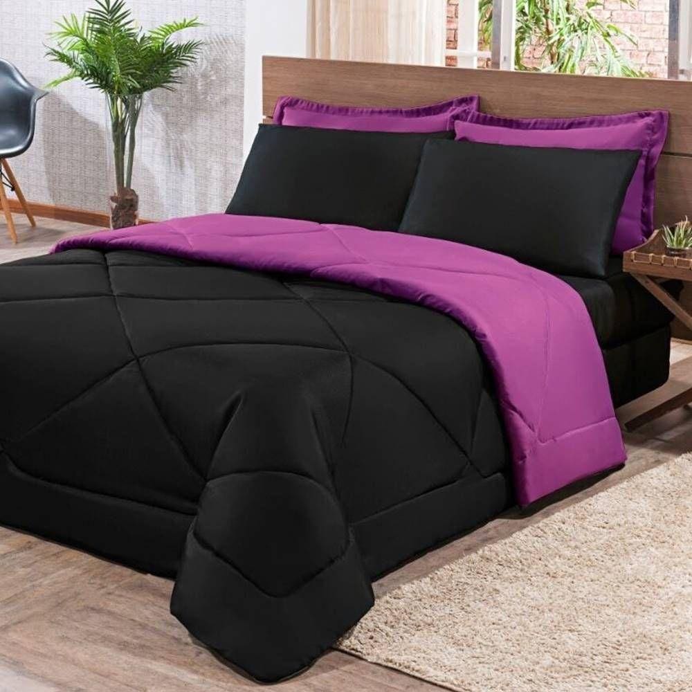 Kit Edredom + Jogo De Lençol Aconchego Look House Dupla Face Casal Queen 06 Peças - Preto- Roxo