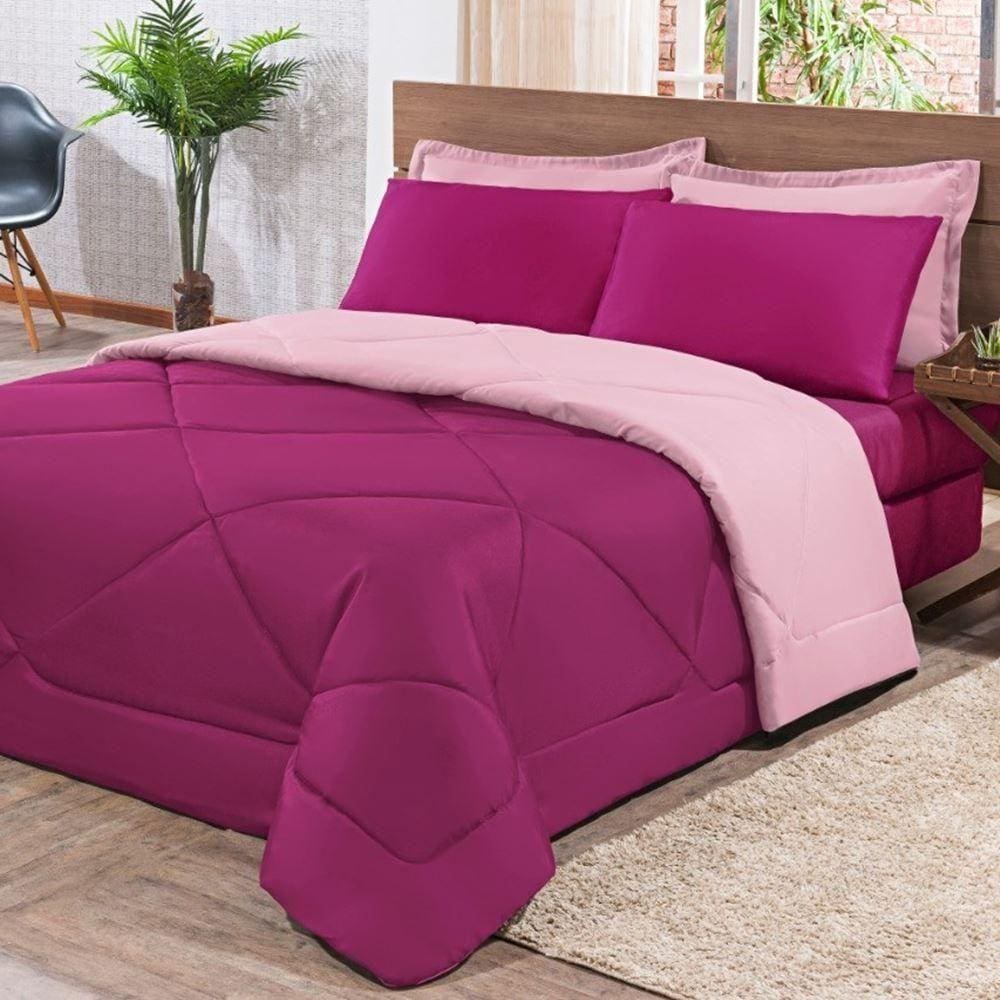 Kit Edredom + Jogo De Lençol Aconchego Look House Dupla Face Casal Queen 06 Peças - Pink E Rosa