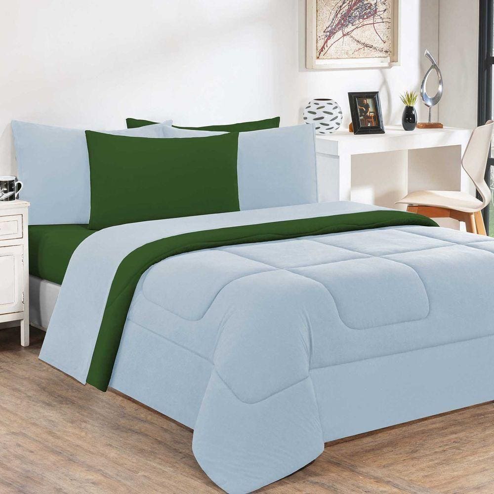 Kit EdredomJogo De Lençol Malha 100% Algodão 6 Peças Casal - Azul Bebê-verde Bandeira