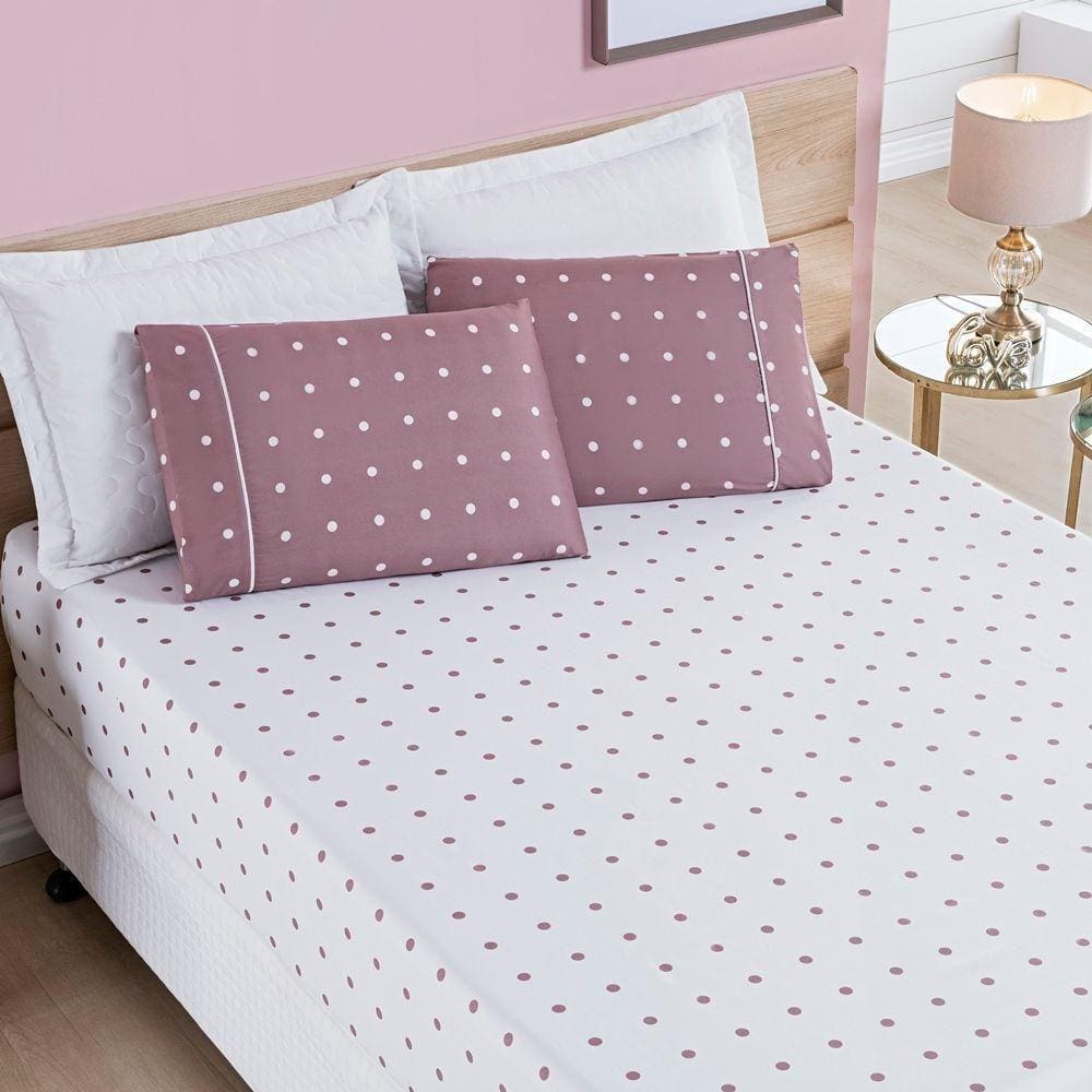 Jogo De Cama Lençol 200 Fios Petit Poá Casal Padrão 03 Peças - Rose