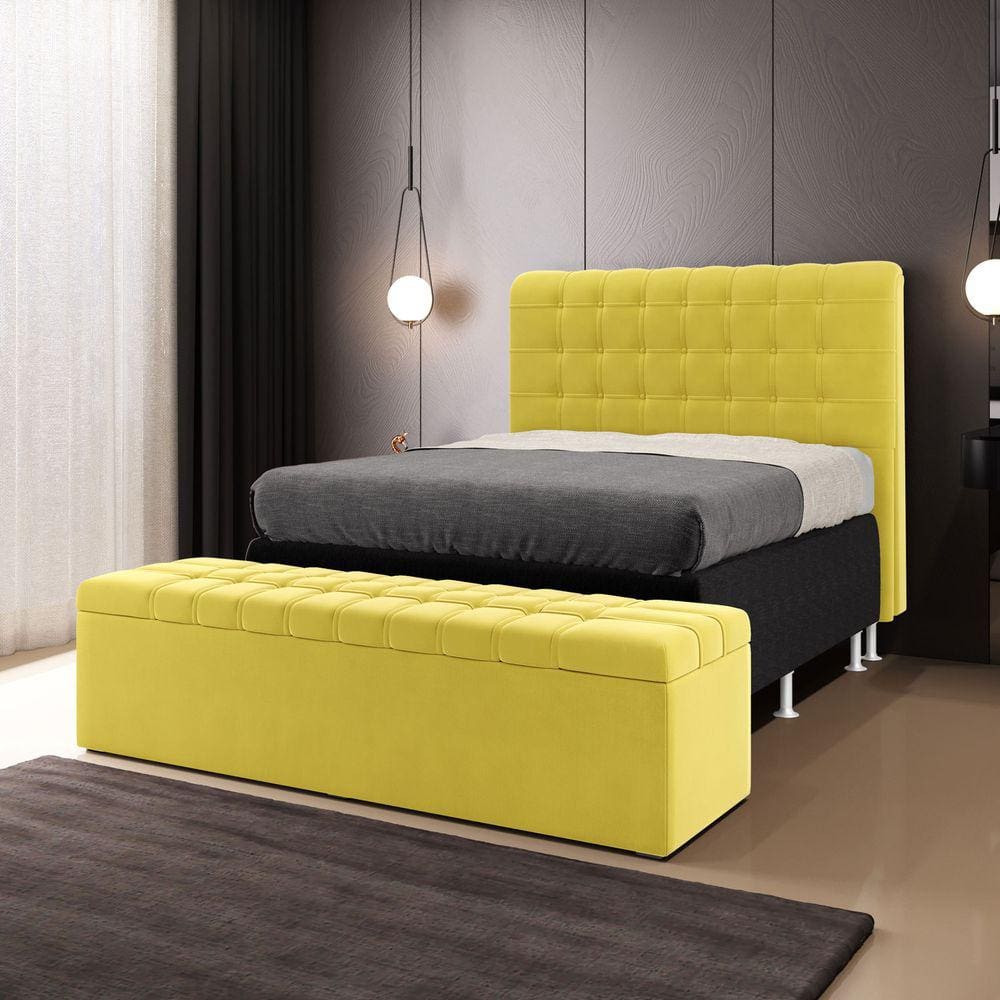 Kit Cabeceira Rana 160 Queen e Calçadeira Alpha Z-004 Sued Amarelo Aradecor