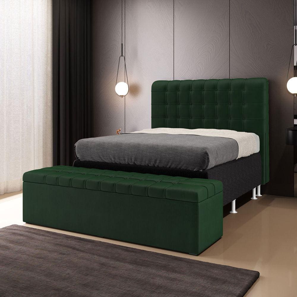 Kit Cabeceira Rana 160 Queen e Calçadeira Alpha Z-018 Sued Verde Aradecor
