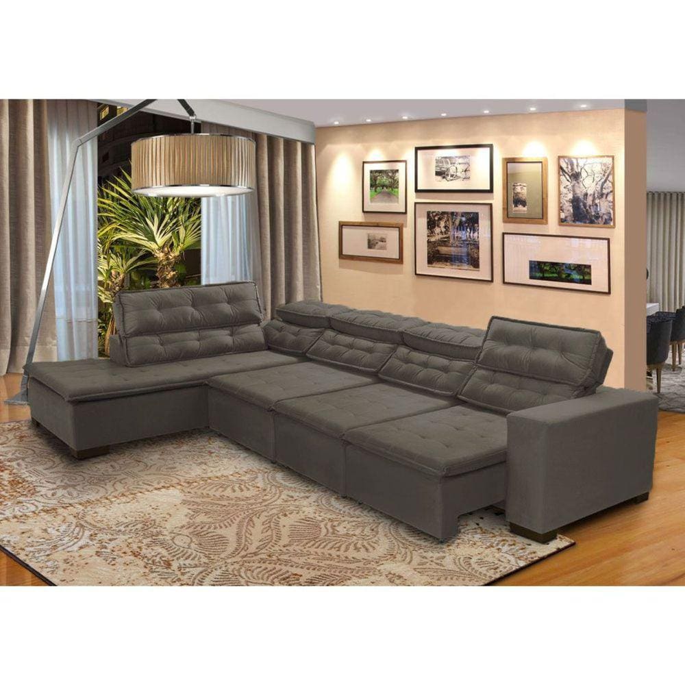 Sofá 7 Lugares de Canto Retrátil Reclinável Pillow Chaise D 3,60  X 2,20 m  Sttilo Marrom513- MegaSul
