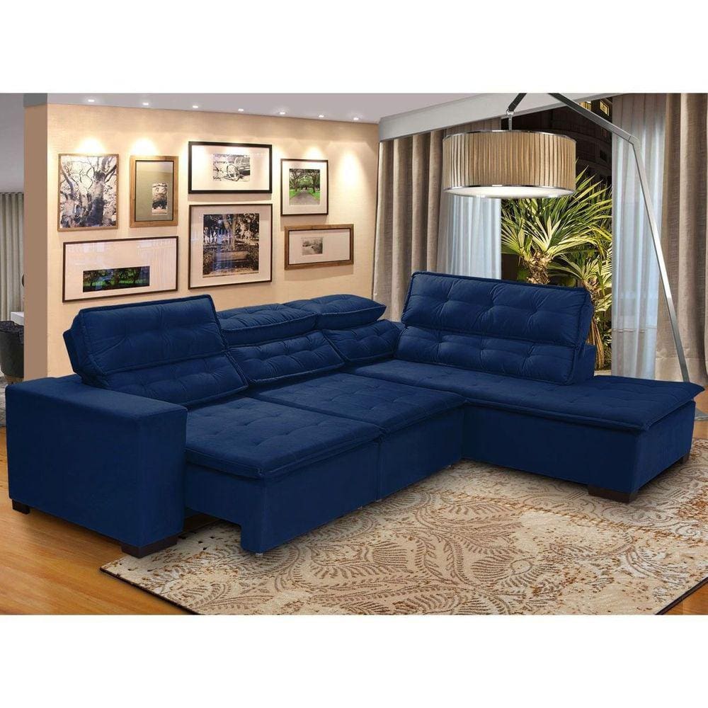 Sofá 5 Lugares Canto Retrátil Reclinável Chaise E 2,80 x 2,20 m Sttilo Azul- MegaSul