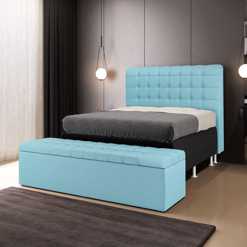 Cabeceira Rana e Calçadeira Alpha 140 para Cama de Casal A-043 Couro Azul Bebê Aradecor