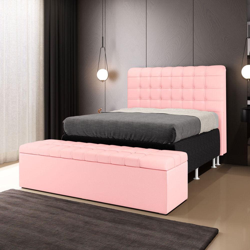 Cabeceira Rana e Calçadeira Alpha 140 para Cama de Casal A-044 Couro Rosa Bebê Aradecor
