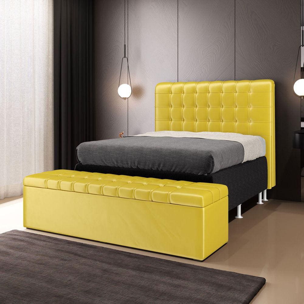 Cabeceira Rana e Calçadeira Alpha 160 para Cama Queen N-035 Veludo Amarelo Aradecor