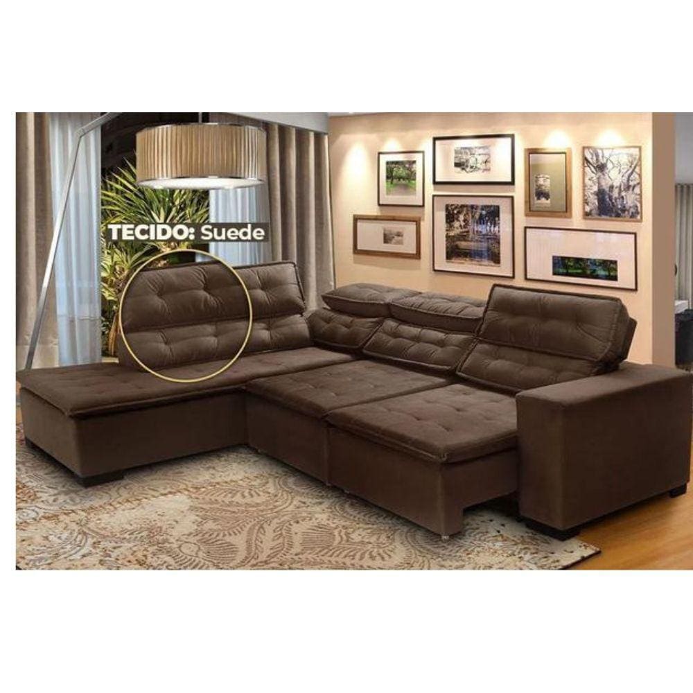 Sofá Canto 5 Lugares Chaise D Retrátil e Reclinável Pillow 280 x 220 cm Sttilo- TECIDO SUEDE -Megasul Cor Marrom