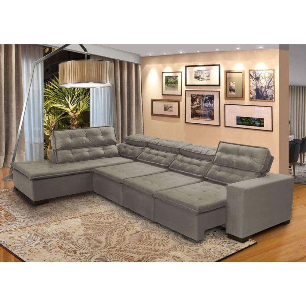 Sofá 7 Lugares Canto Assento Retrátil Pillow Chaise D 3,60 x2,20 m Sttilo Bege - MegaSul