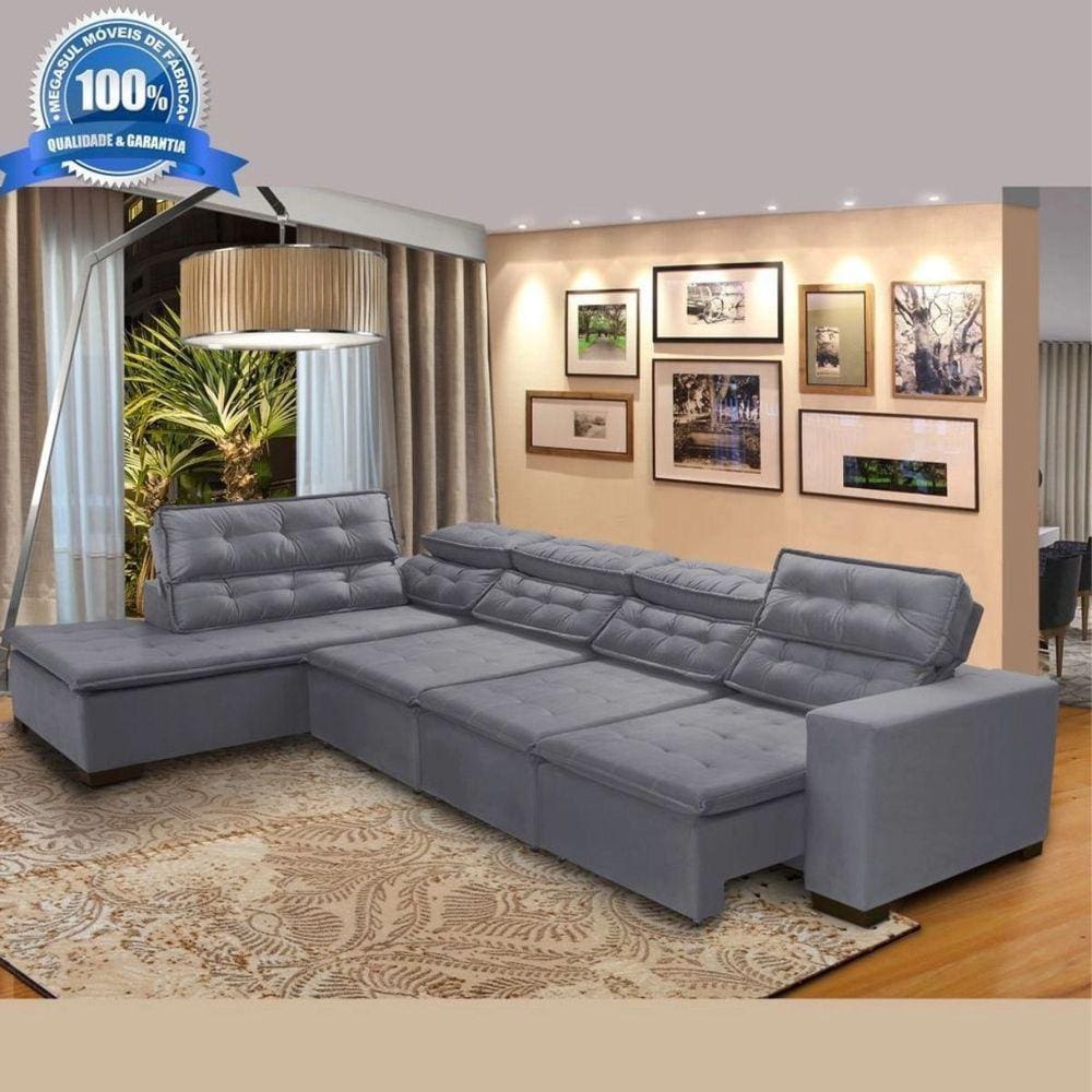 Sofá 7 Lugares de Canto Retrátil Reclinável Pillow Chaise D 3,60 x 2,20 m Sttilo Cinza - MegaSul