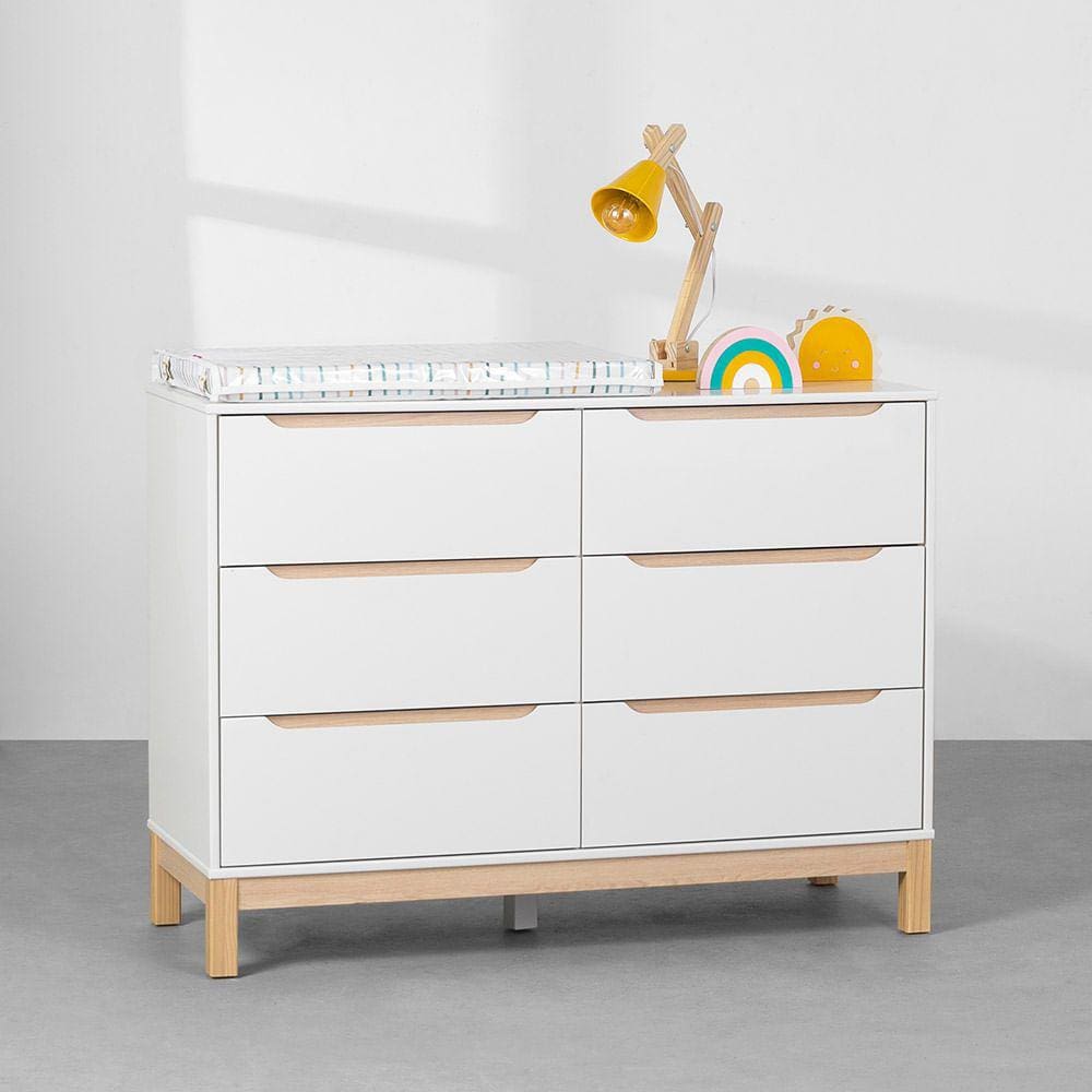 Cômoda 6 gavetas Cozy - Branco com Carvalho