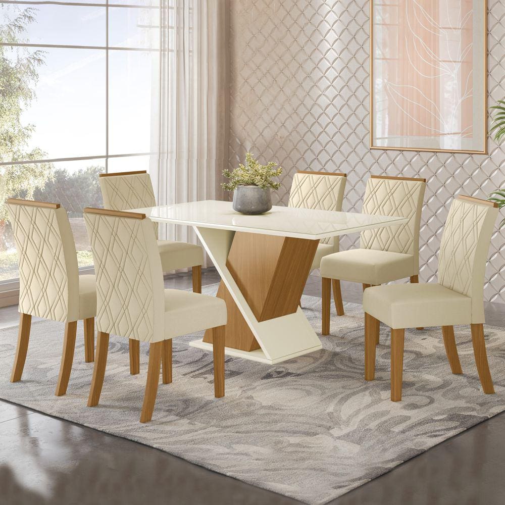 Mesa de Jantar 6 Lugares Alice com Vidro Nature/Off White/Linho - Panorama Móveis