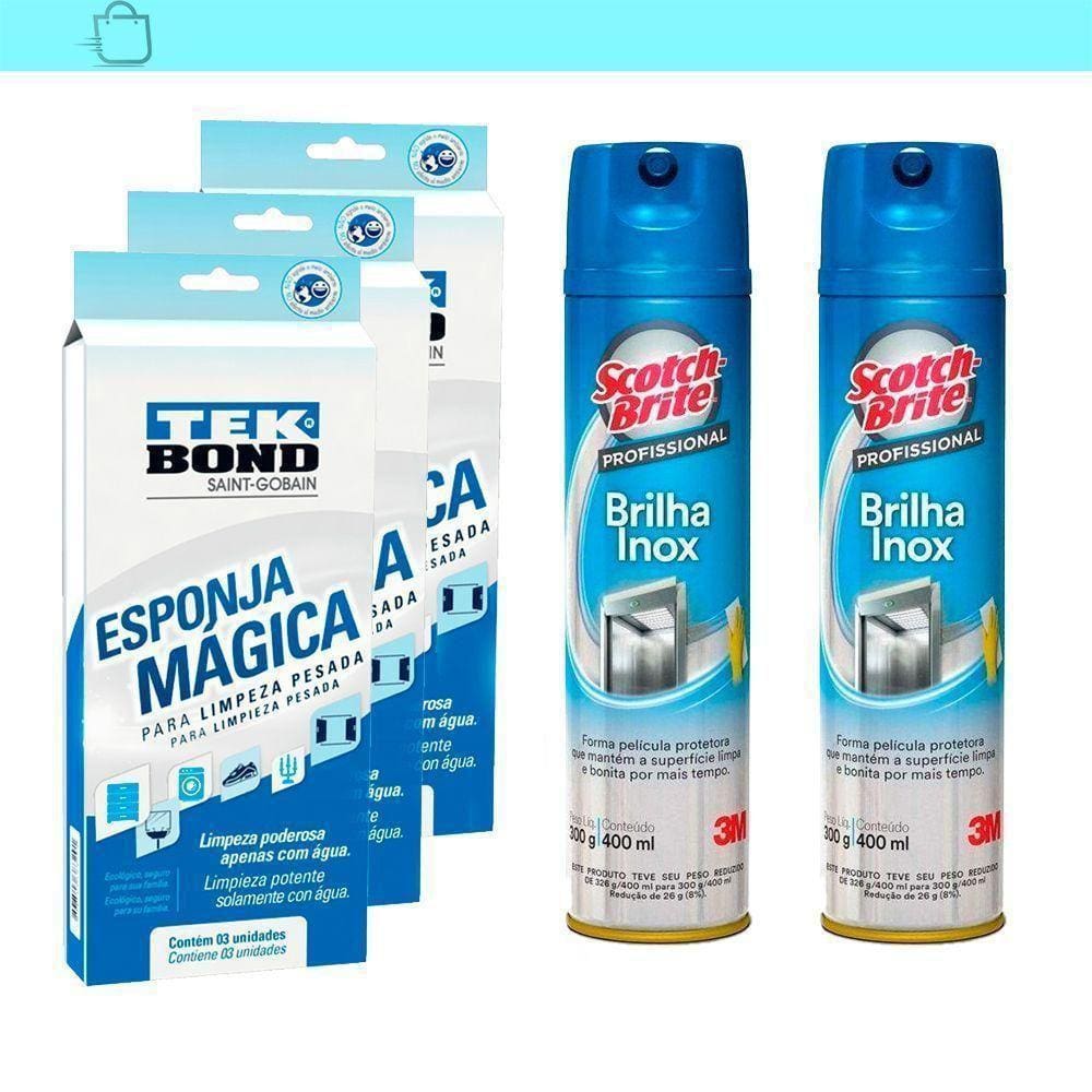 Kit Limpa Tudo 2 Brilha Inox E 9 Esponjas Mágicas Tekbond