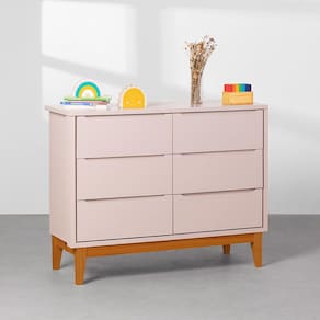 Cômoda Retrô Square Com 6 Gavetas E Pés Em Madeira – Rosa