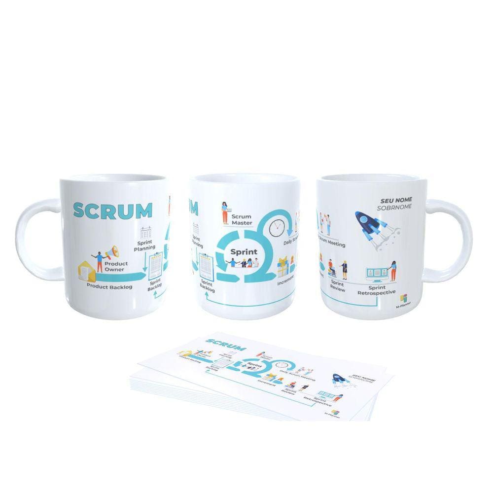 Caneca Fluxo Scrum, Porta Copos + Tecnologia + Seu Nome