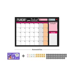 Quadro Lousa Planejador Mensal +55 Imãs + Tecnologia - Preto