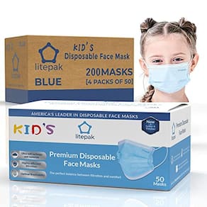 Máscaras faciais descartáveis Litepak 200 unidades, 3 camadas, azuis para crianças
