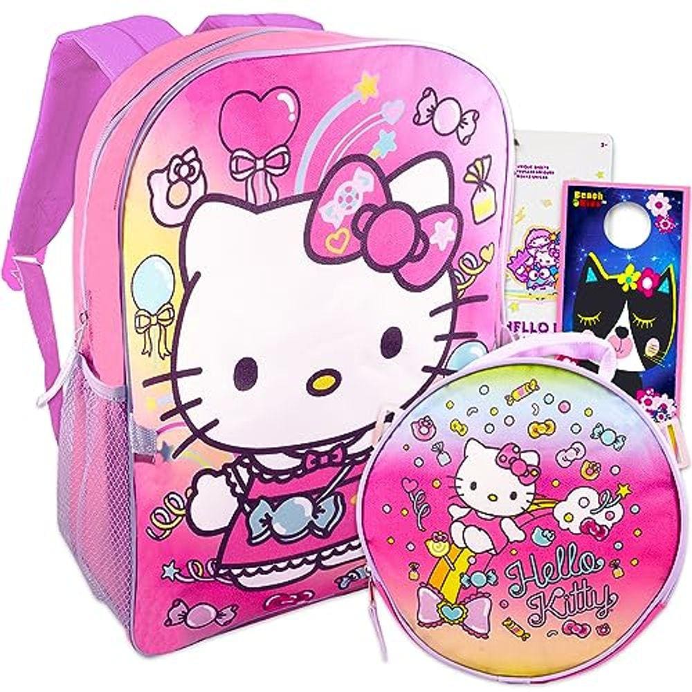 Mochila Hello Sanrio Kitty com lancheira para meninas, pacote de 5 peças