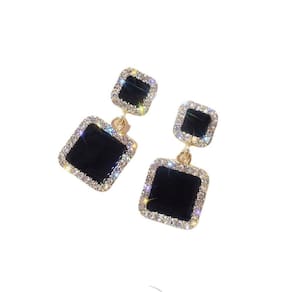 Brinco Pedra Preta Brilhante Par Strass P1708