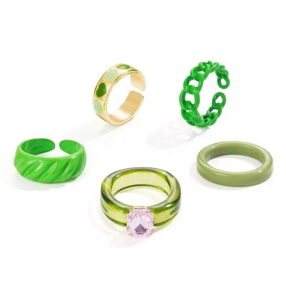 Kit 5 Anéis Verde Pedra Rosa Correntes Coração Dedeira B1183
