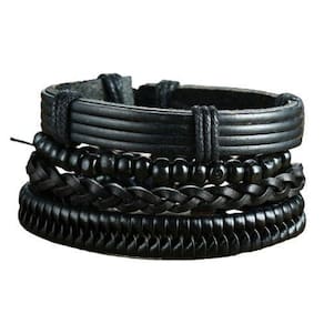 Pulseira Preta Couro Trançado Bolinha Y5749