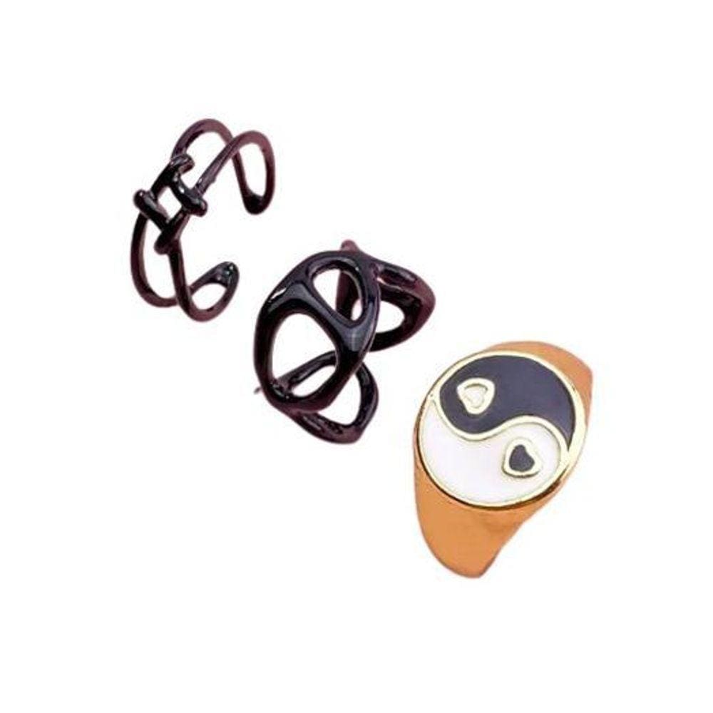 Kit 3 Anéis Dourado Preto Dedeira Yin Yang Detalhes Branco