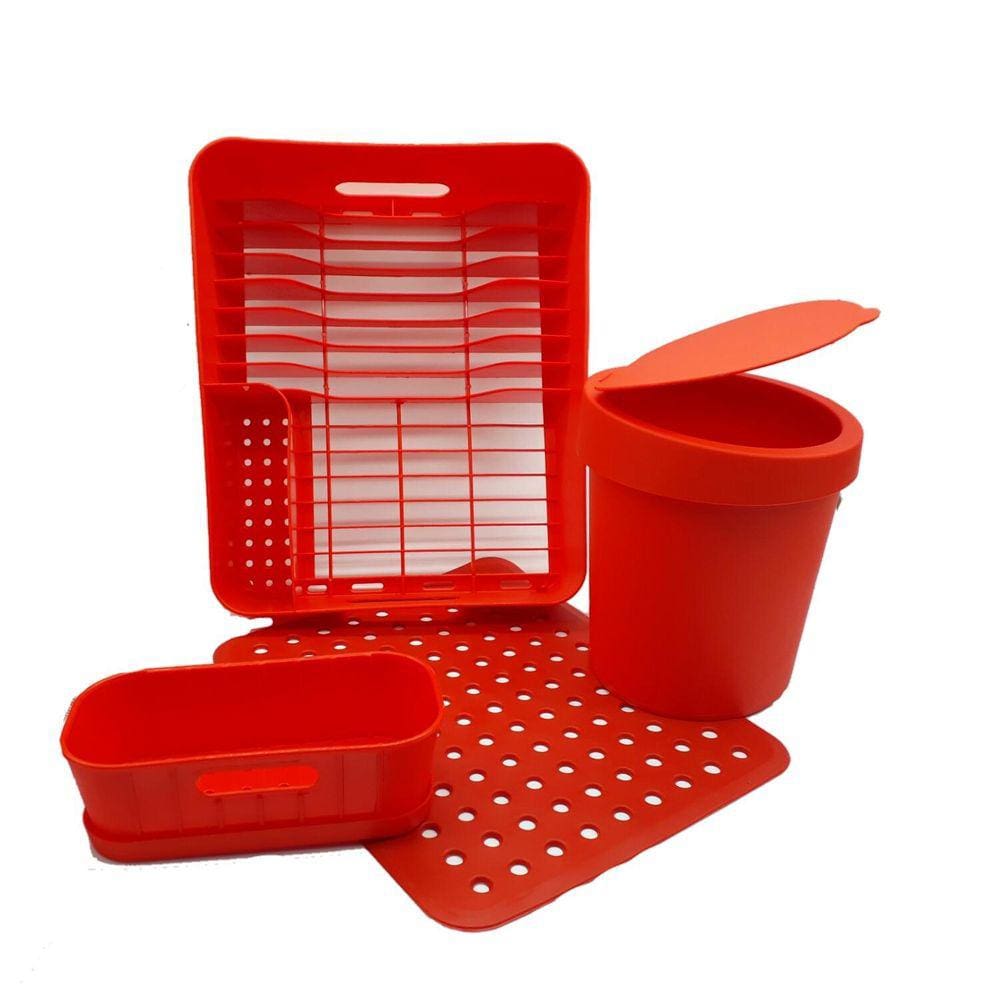 Kit Pia 4 Peças Escorredor, Grade, Organizador, Lixeira Verm