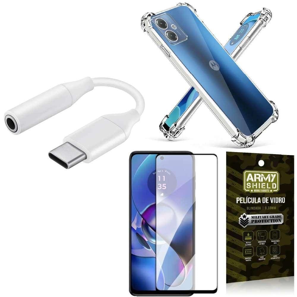 Capinha Moto G54 + Adaptador Tipo C Para Fone P2 + Película