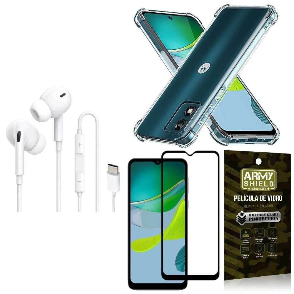 Capinha Moto E13 + Fone Tipo C Intra Auricular + Película 3D