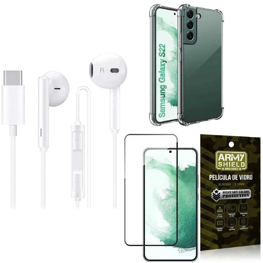 Capinha Samsung S22 + Fone De Ouvido Tipo C + Película 3D