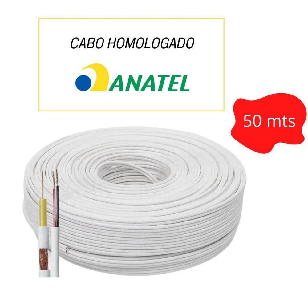 Cabo Coaxial 50M Câmeras- Homologado Anatel 80% Malha-4Mm